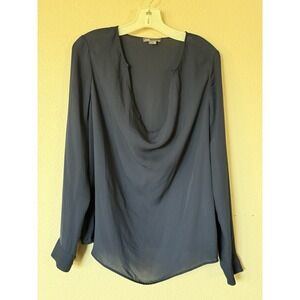 Vince Navy Blue 100% Silk Blouse Women's 12 Long Sleeve Draped Front Top